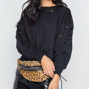 Ripped Up Distressed Crew Neck Sweater (Black)