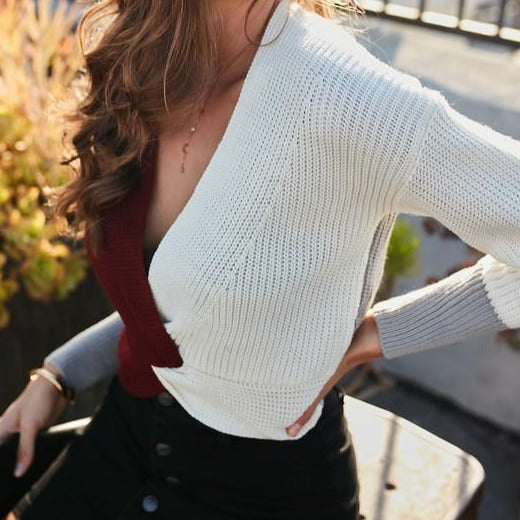 Autumn Twist Color Block V Neck Sweater (Burgundy)