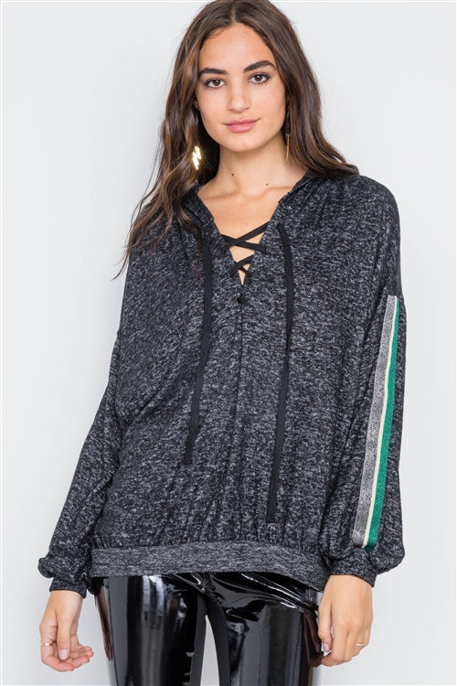 Homebody Gray Marled Striped Knit Hoodie Sweater