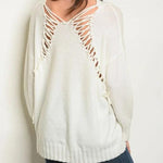 Lifestyle Laced Back V Neck Sweater (Ivory)