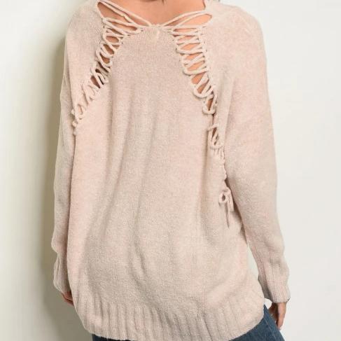 Lifestyle Laced Back V Neck Sweater (Oatmeal)