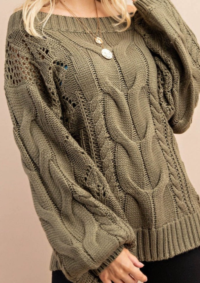 Parker Chunky Cable Knit Sweater (Olive)