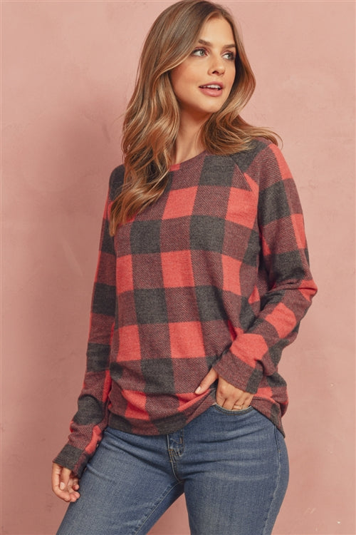 Soft Flannel Buffalo Plaid Sweater (Red)