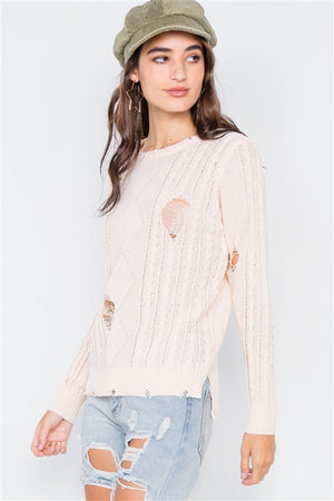 Staycation Distressed Cable Knit Sweater (Peach)