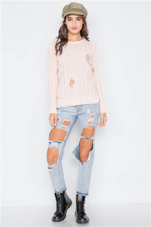 Staycation Distressed Cable Knit Sweater (Peach)