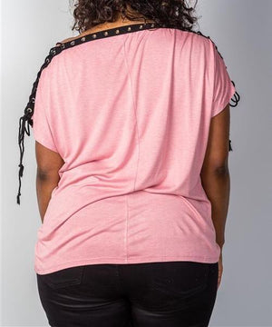 Lace-Up Neckline Top in Pink (Plus)