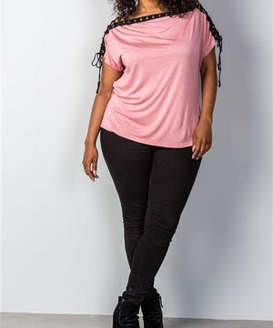 Lace-Up Neckline Top in Pink (Plus)