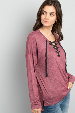 Lace It Up Burgundy Marled Top