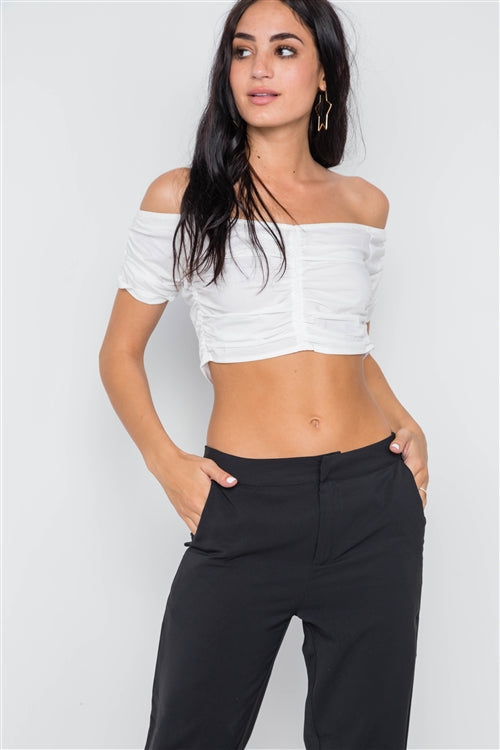 Ruched Off the Shoulder Crop Top (White)