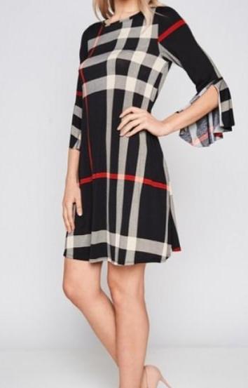 Black Plaid Split Sleeve Shift Dress