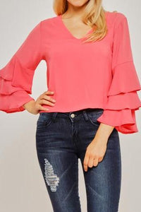 Coral Ruffle Sleeve Boho Crop Blouse