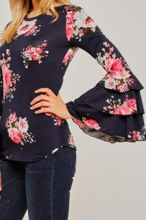 Ava Floral Ruffle Sleeve Top (Navy)