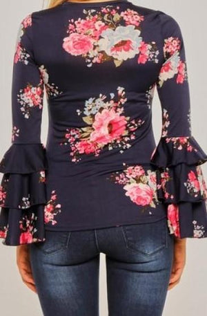 Ava Floral Ruffle Sleeve Top (Navy)