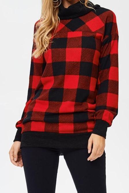 Buffalo Plaid Check Cowl Sweater (Red)