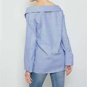 Hayley Off the Shoulder Blue Button Down Top