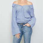 Hayley Off the Shoulder Blue Button Down Top