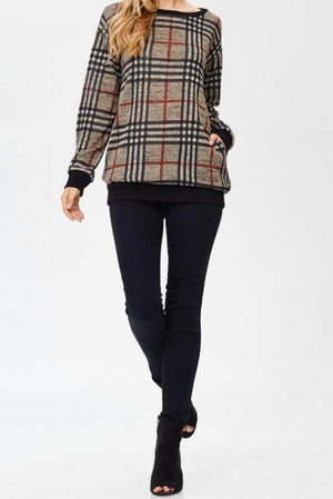 Beige Plaid Sweater With Pockets