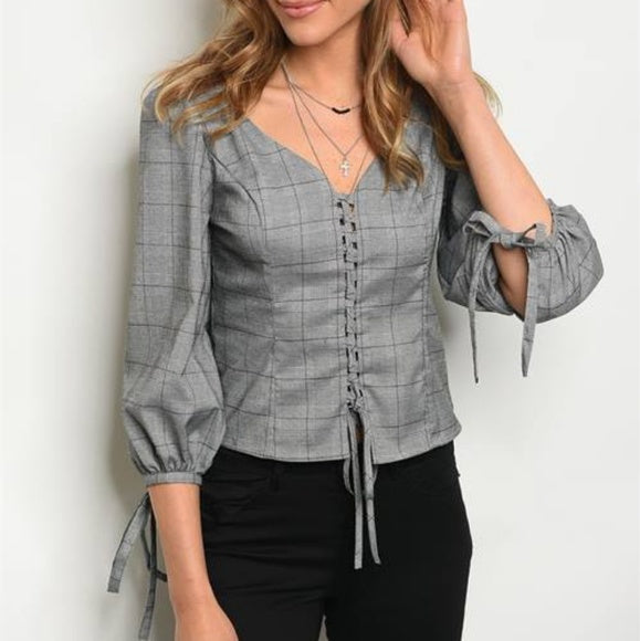 Gray Plaid Corset Tie Sleeve Top