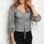 Gray Plaid Corset Tie Sleeve Top