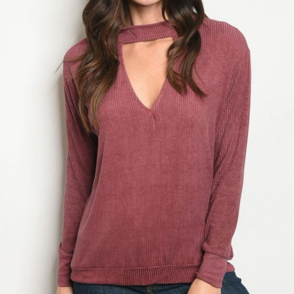 Super Soft Wine Ribbed Choker Top