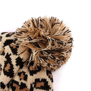 Leopard Pom Beanie Knit Winter Hat (Beige)