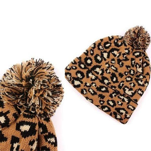 Leopard Pom Beanie Knit Winter Hat (Camel)