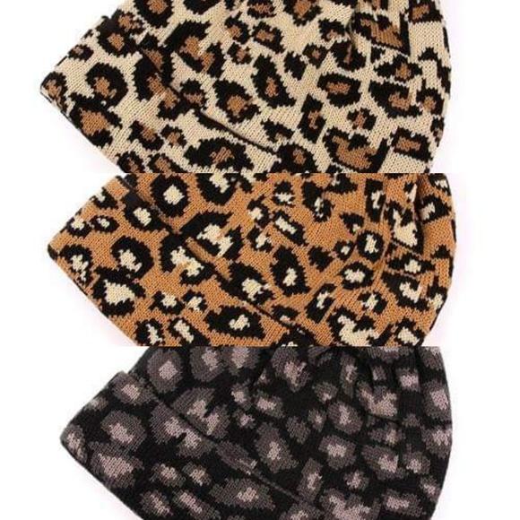 Leopard Pom Beanie Knit Winter Hat (Beige)