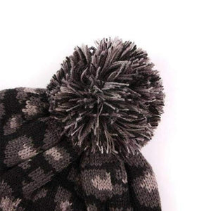 Leopard Pom Beanie Knit Winter Hat (Black)