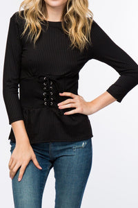 Ribbed Corset Lace-Up Top (Black)