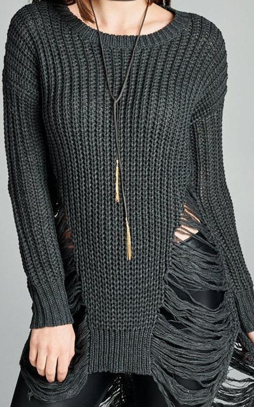 Frayed Round Neck Sweater (Charcoal)