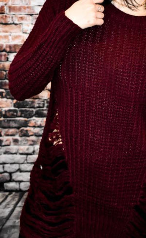 Frayed Round Neck Sweater (Burgundy)