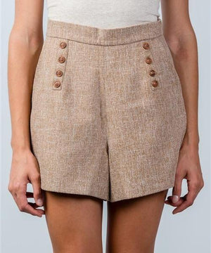 Waltham Woven Tweed Button High Waist Brown Shorts