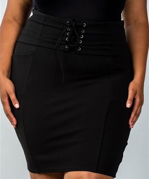 Lace-Up Bodycon Pencil Black Skirt (Plus)